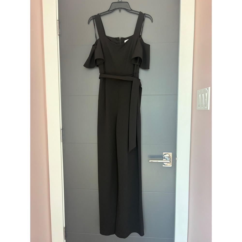 Calvin Klein Womens Black Cold Shoulder Wide Leg Jumpsuit Belted Size 6